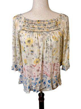 Democracy Cream Floral Patchwork Peasant Blouse Cottagecore Boho Extra Small